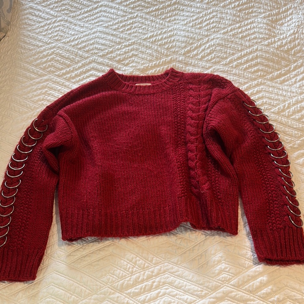 Red Crew Neck Sweater with Decorative Sleeves